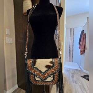 Haute SOUTHERN  Hyde Genuine Tooled Leather Fringe Cowhide Purse.